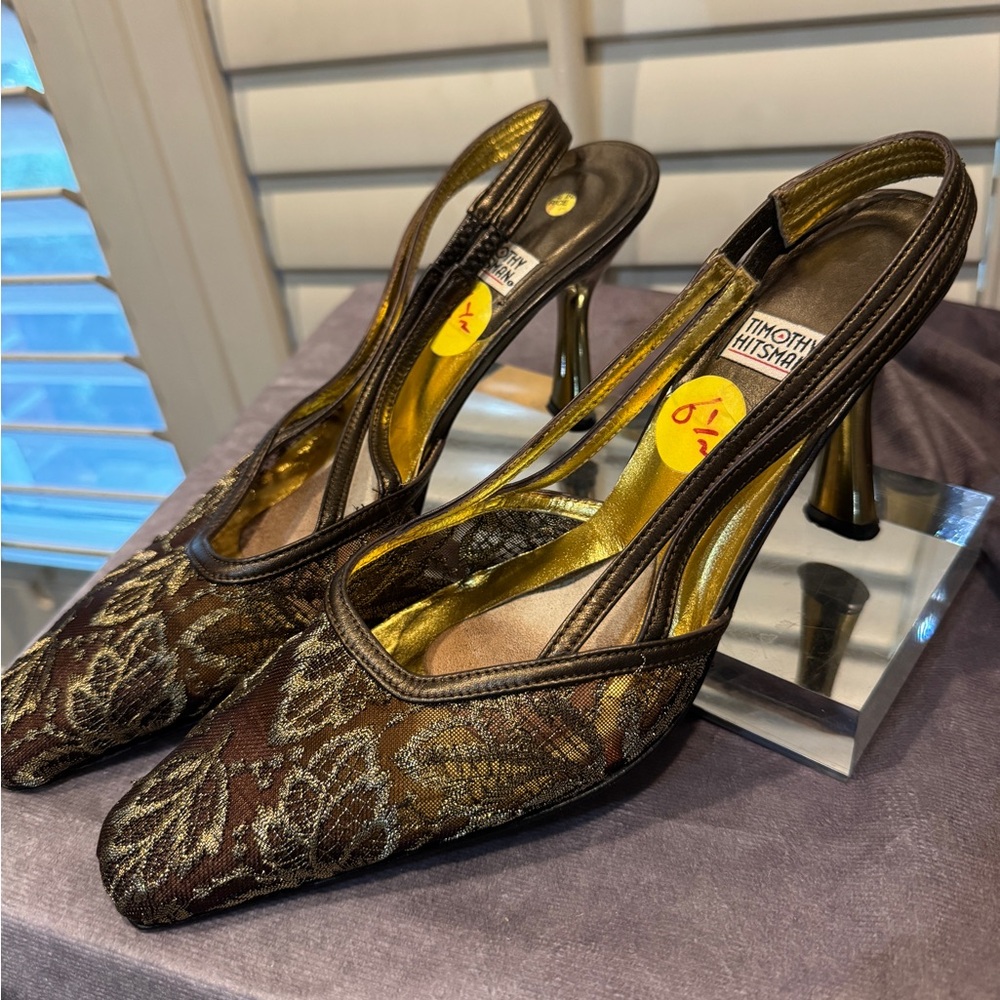 Vintage TIMOTHY HITSMAN Lacey Slingback Heel Dress Shoes‎  Gold 6 1/2 Leather